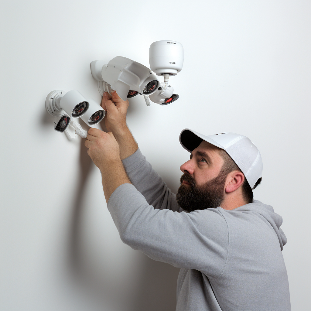 man installing security cameras