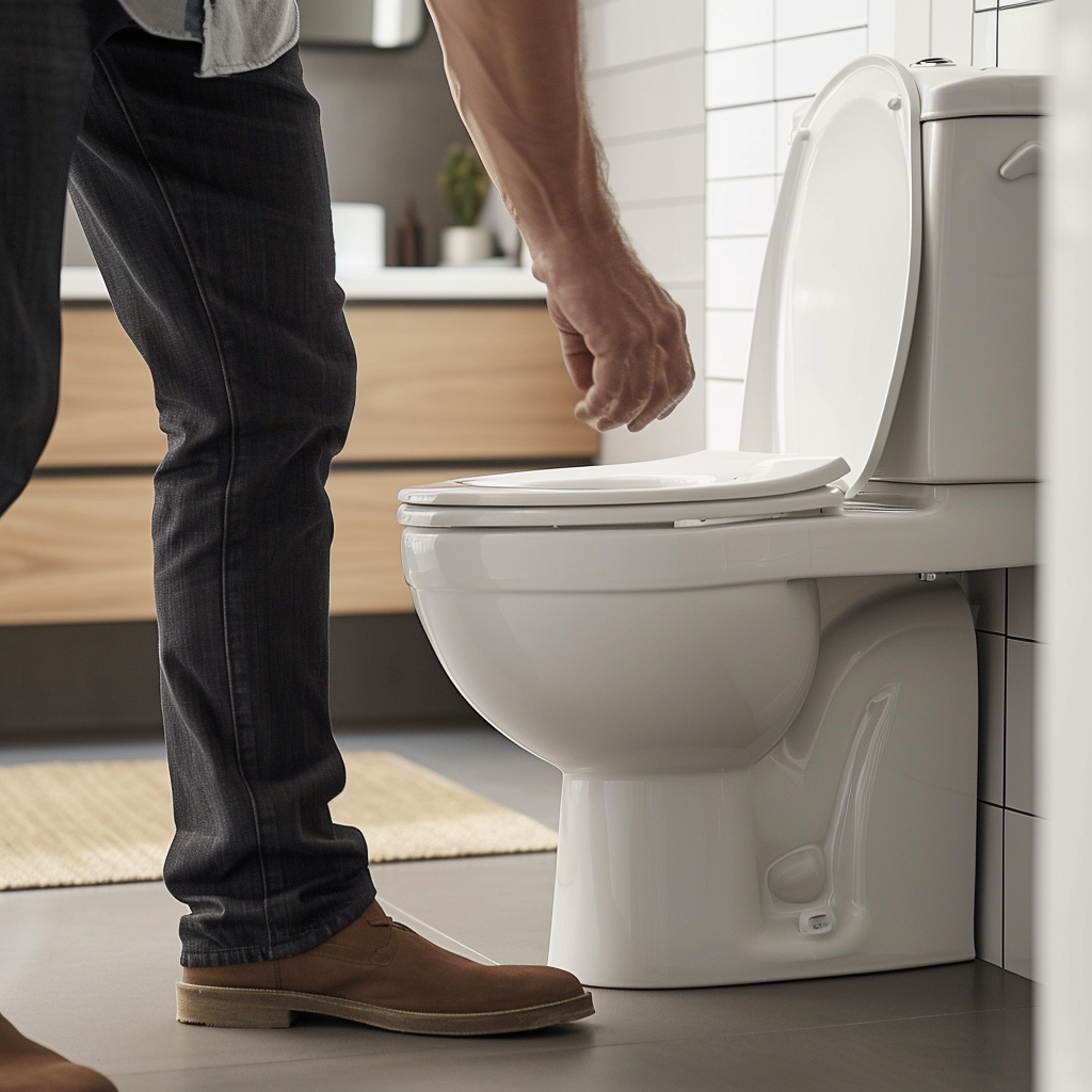 Man installing toilet in bathroom