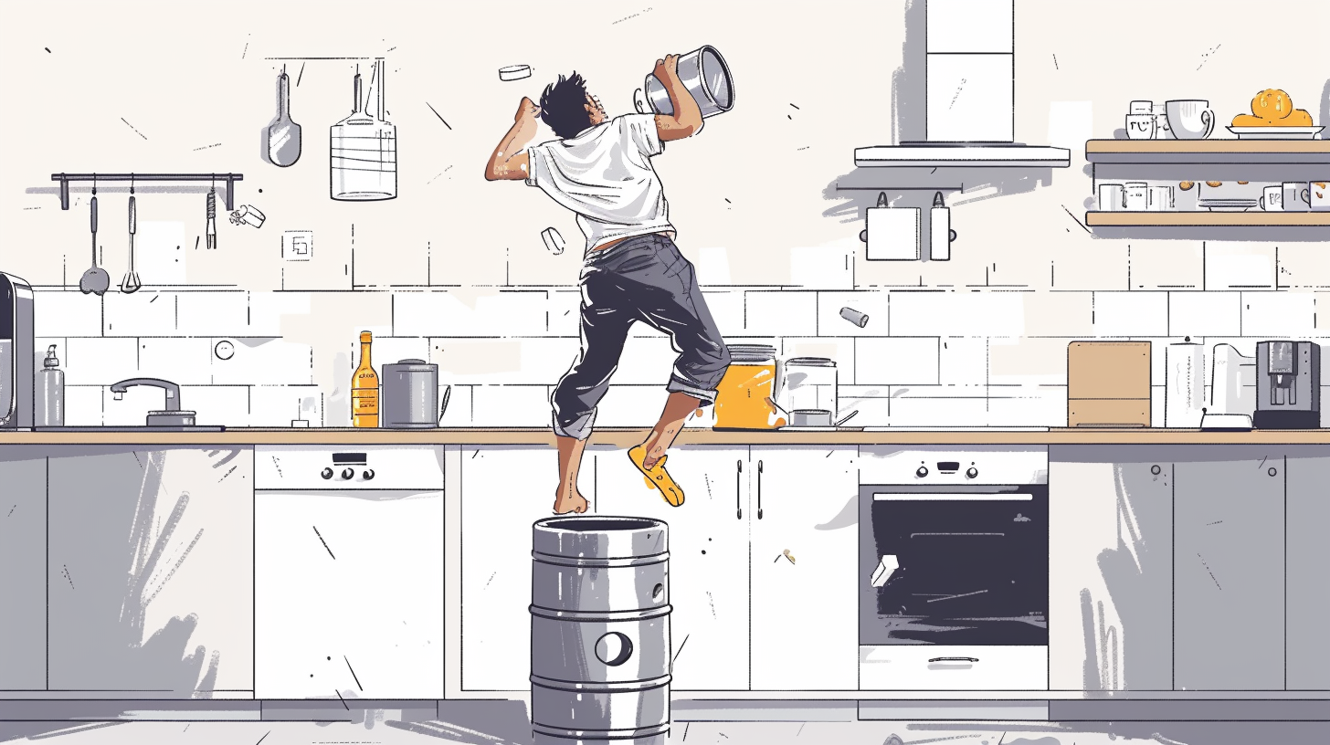 Man doing keg stand in kitchen