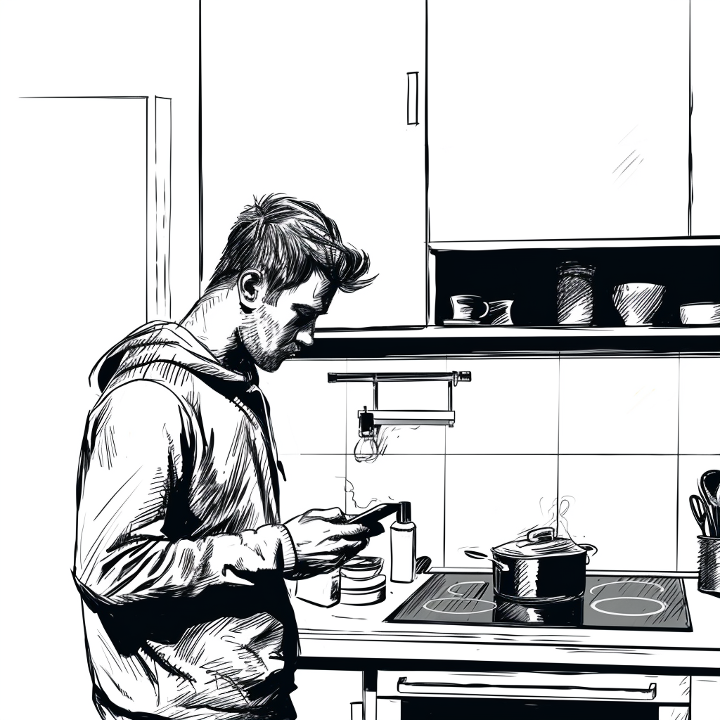 Man in Kitchen Using Phone