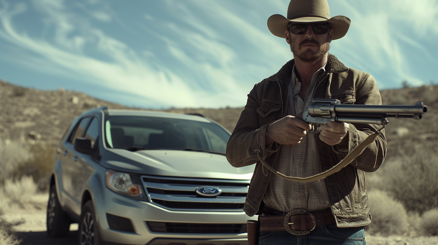 Man with Lever Action Gun in front of Silver Ford Edge