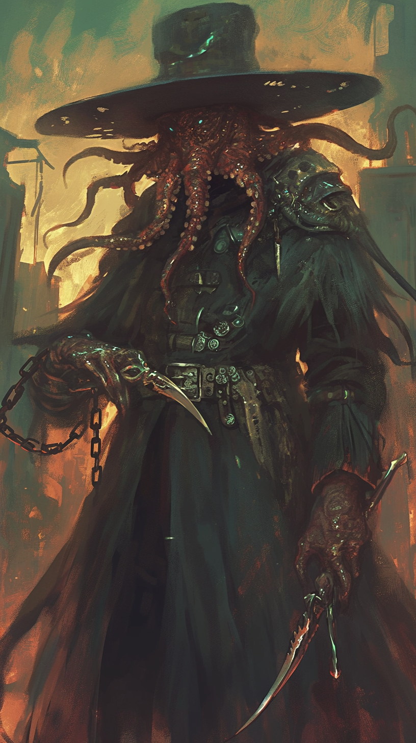 man-like squid creature with tentacles, hat and knives in dark city.