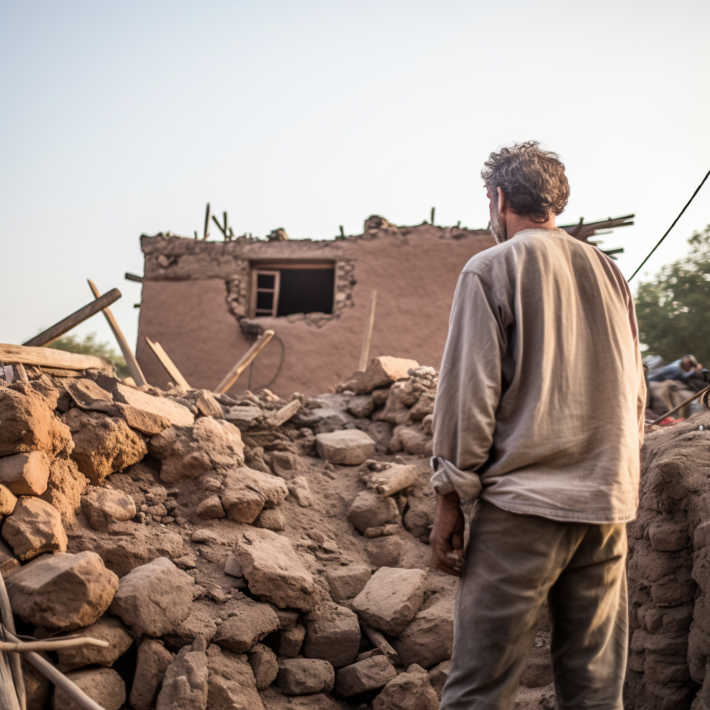 Man looking at house foundation