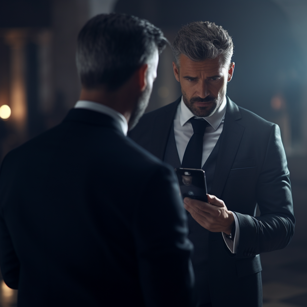 Man looking over businessman's shoulder at phone