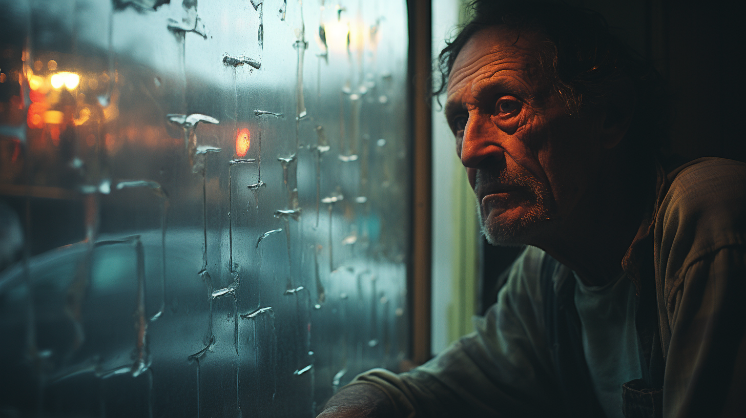 Man looking out window feeling watched