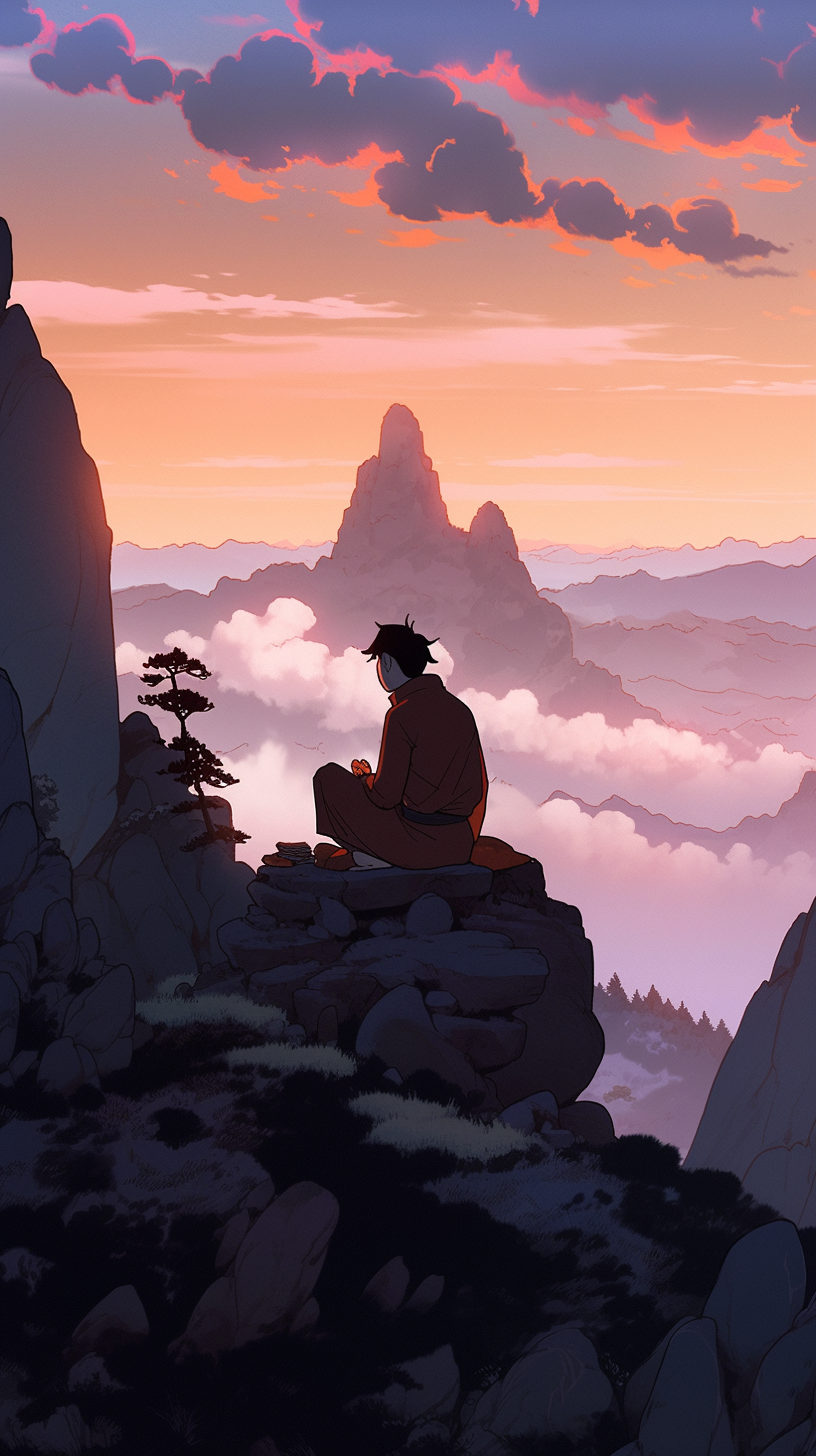 Man meditating on mountain at sunset