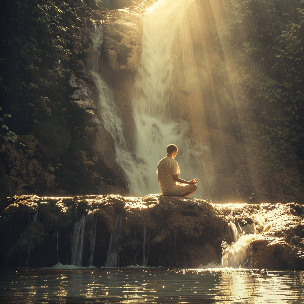 Man Meditating in Waterfall Sunlight