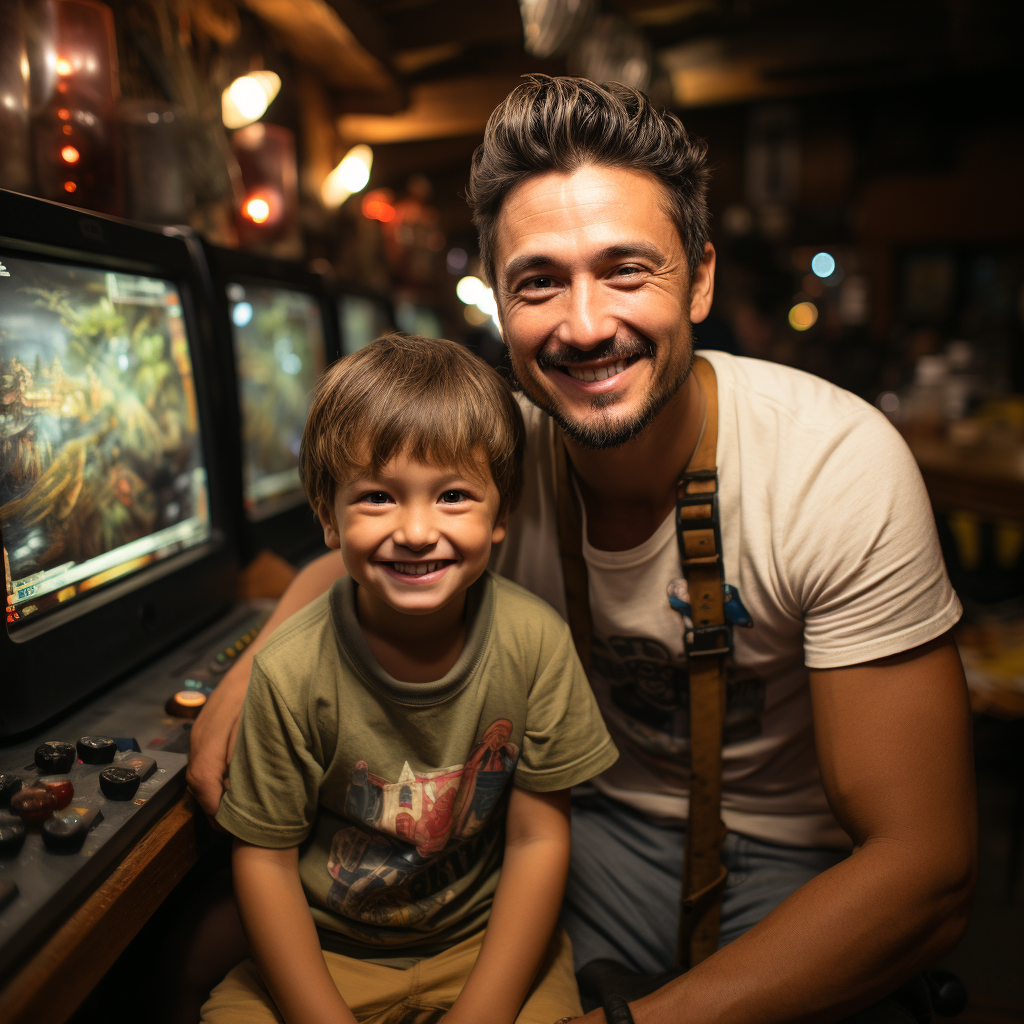 Man playing video games with younger self