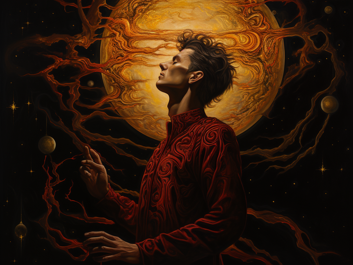 Man gazing at moon in symbolic crimson and gold