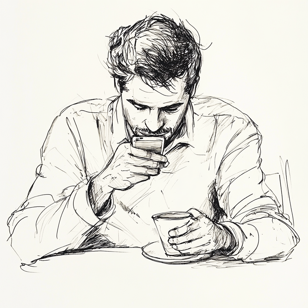 Man reading cellphone over morning coffee