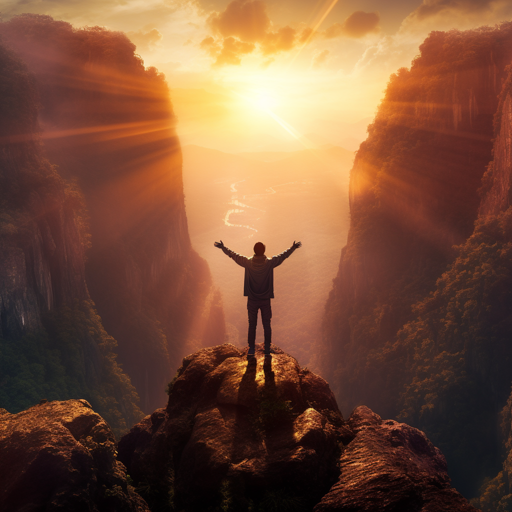 man on mountain embracing sunrise