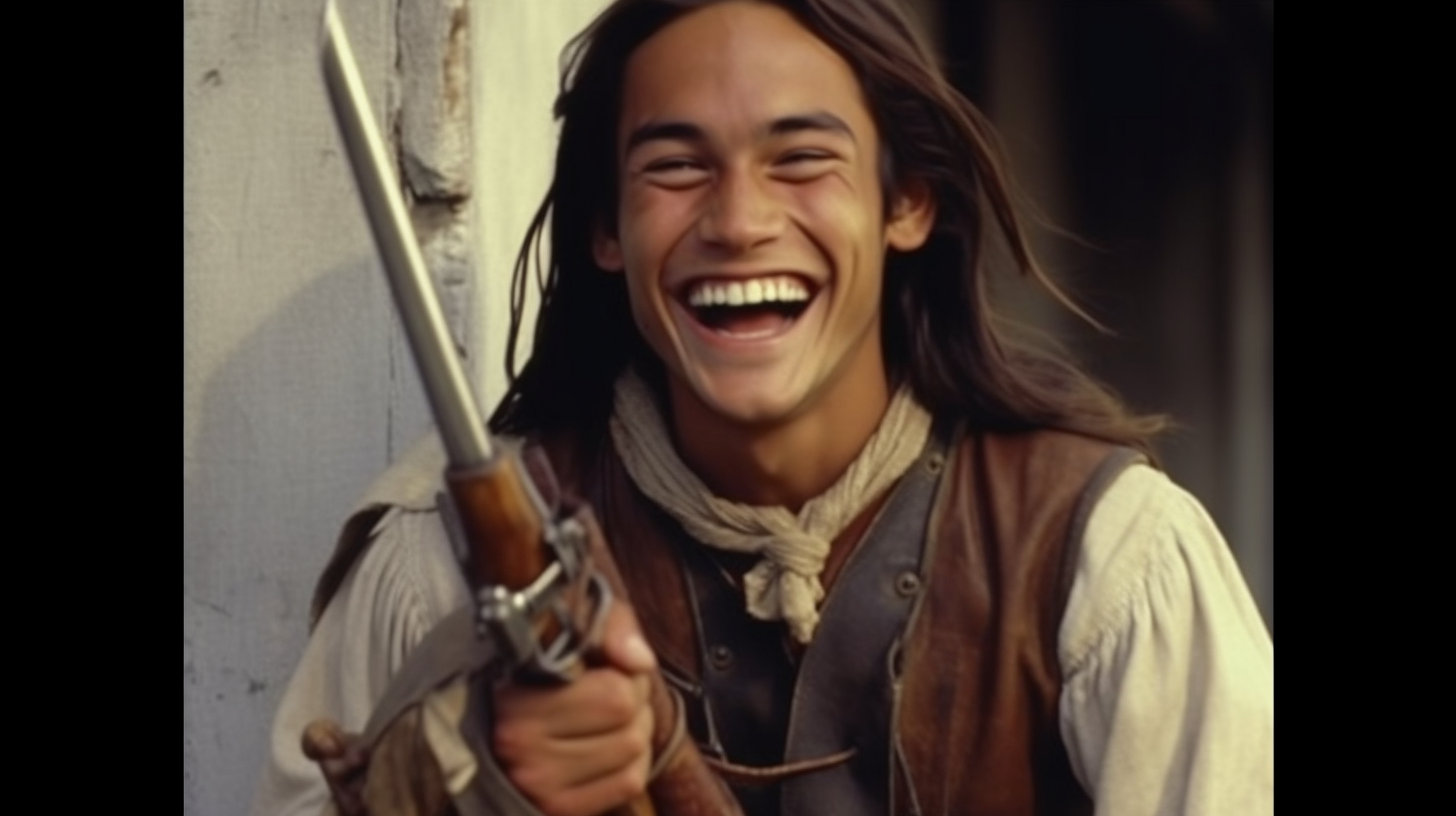 Native American hunter laughing joyfully