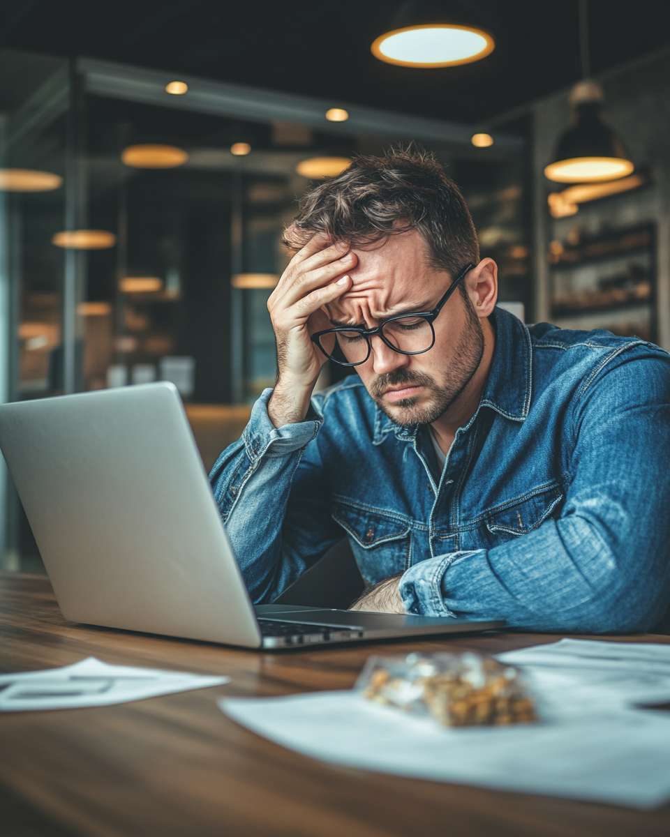 Sad Man Working Laptop Chips