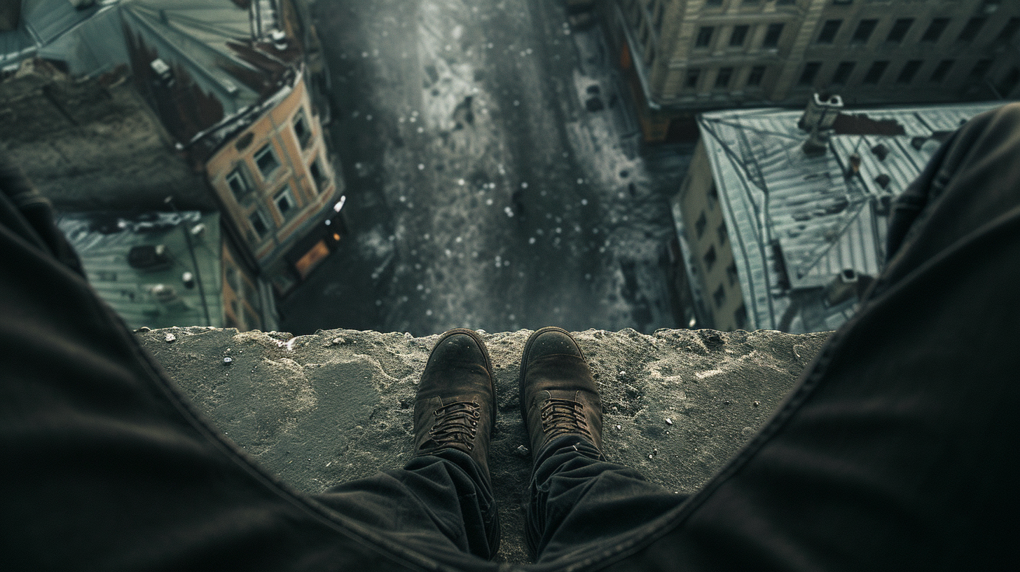 Man on ledge looking down at feet and street