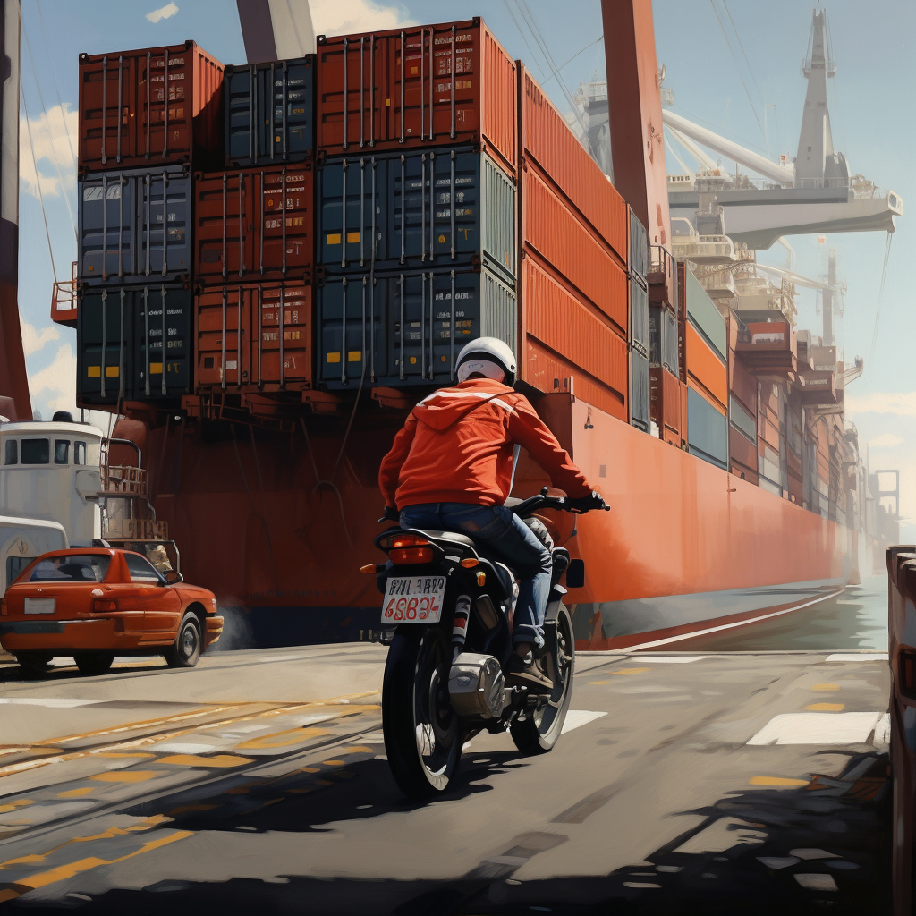 Man on moped passes container ship at quay