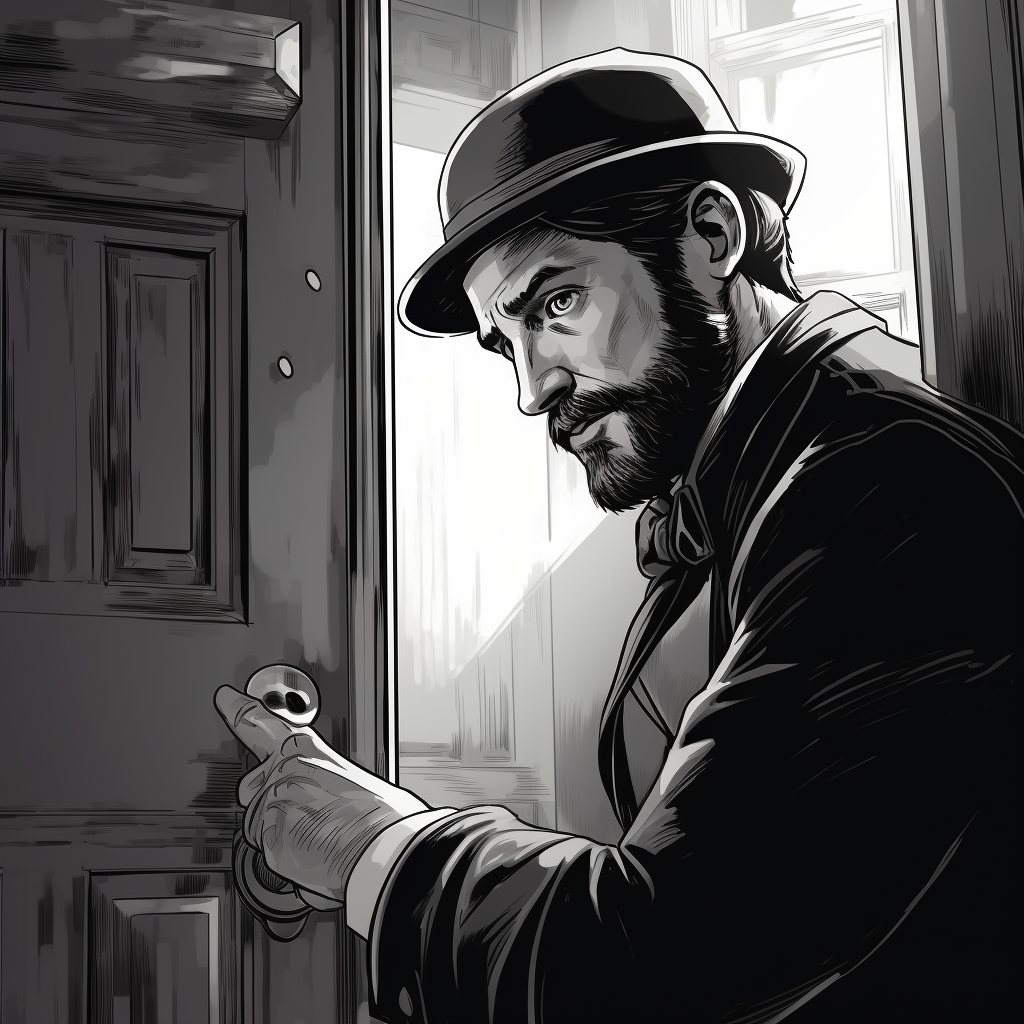 Man opening door in 1860 noir comic style