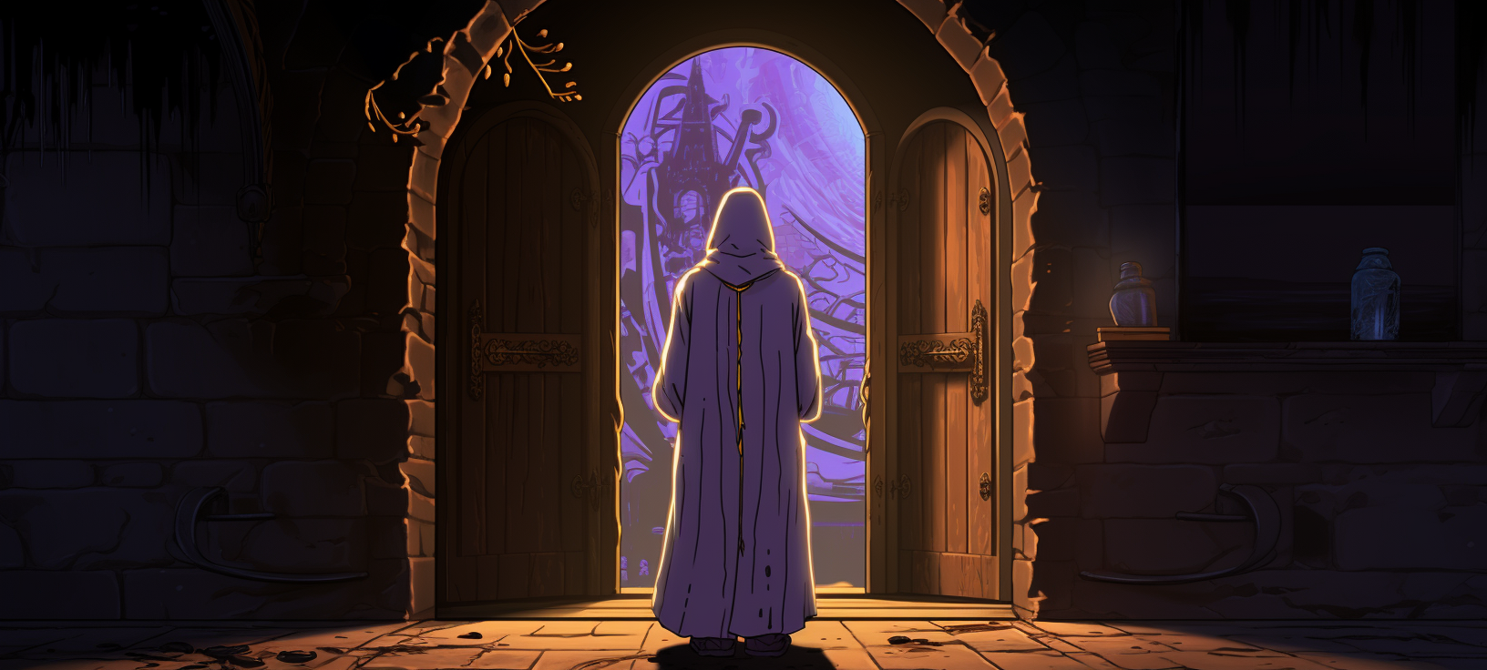 Man in White Hooded Cloak Opens Wooden Door