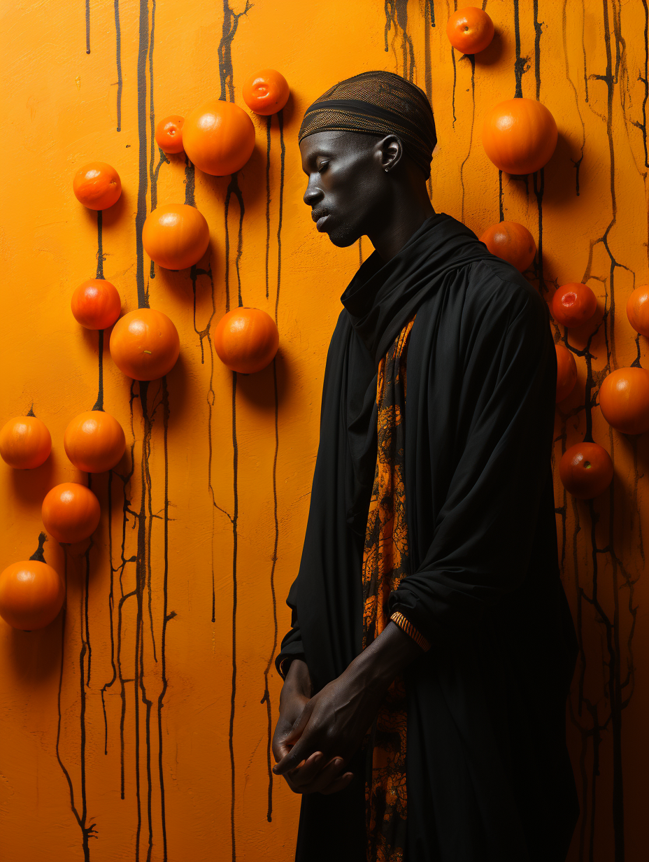 Colorful mural of a man on an orange wall