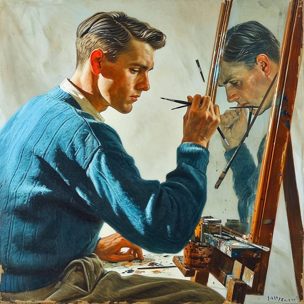 Man painting himself in mirror