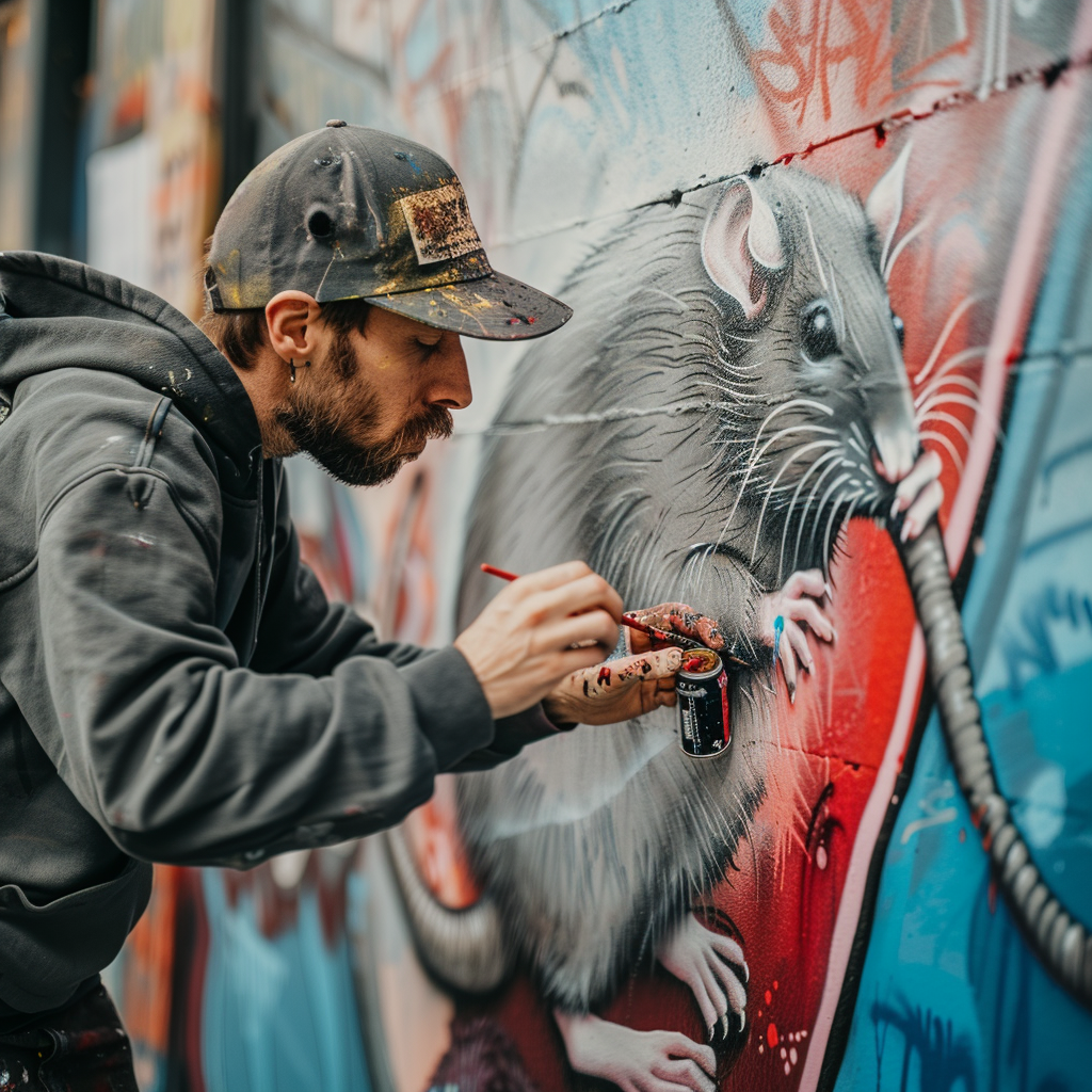 man painting rat graffiti wall