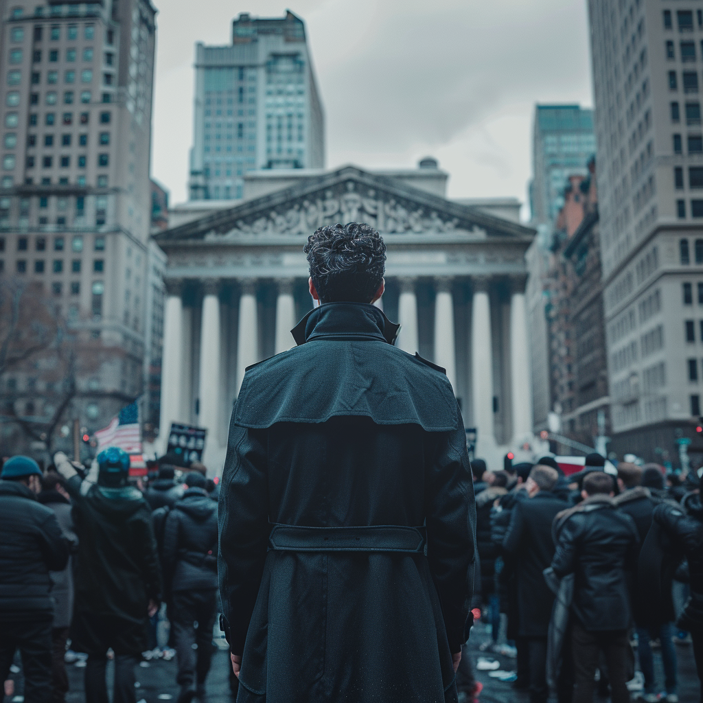 man in peacoat protestors Manhattan courthouse