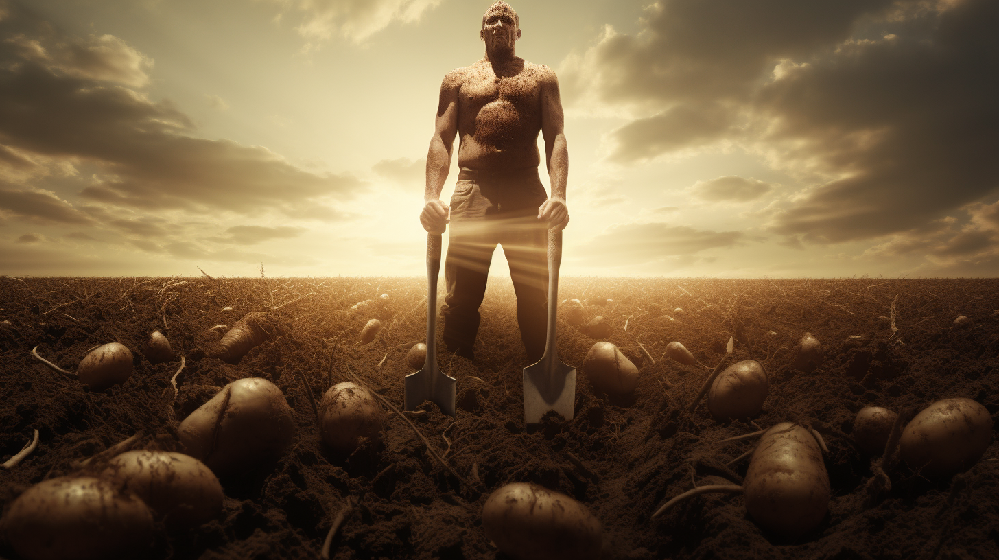 Strong man with pitchfork in potato field