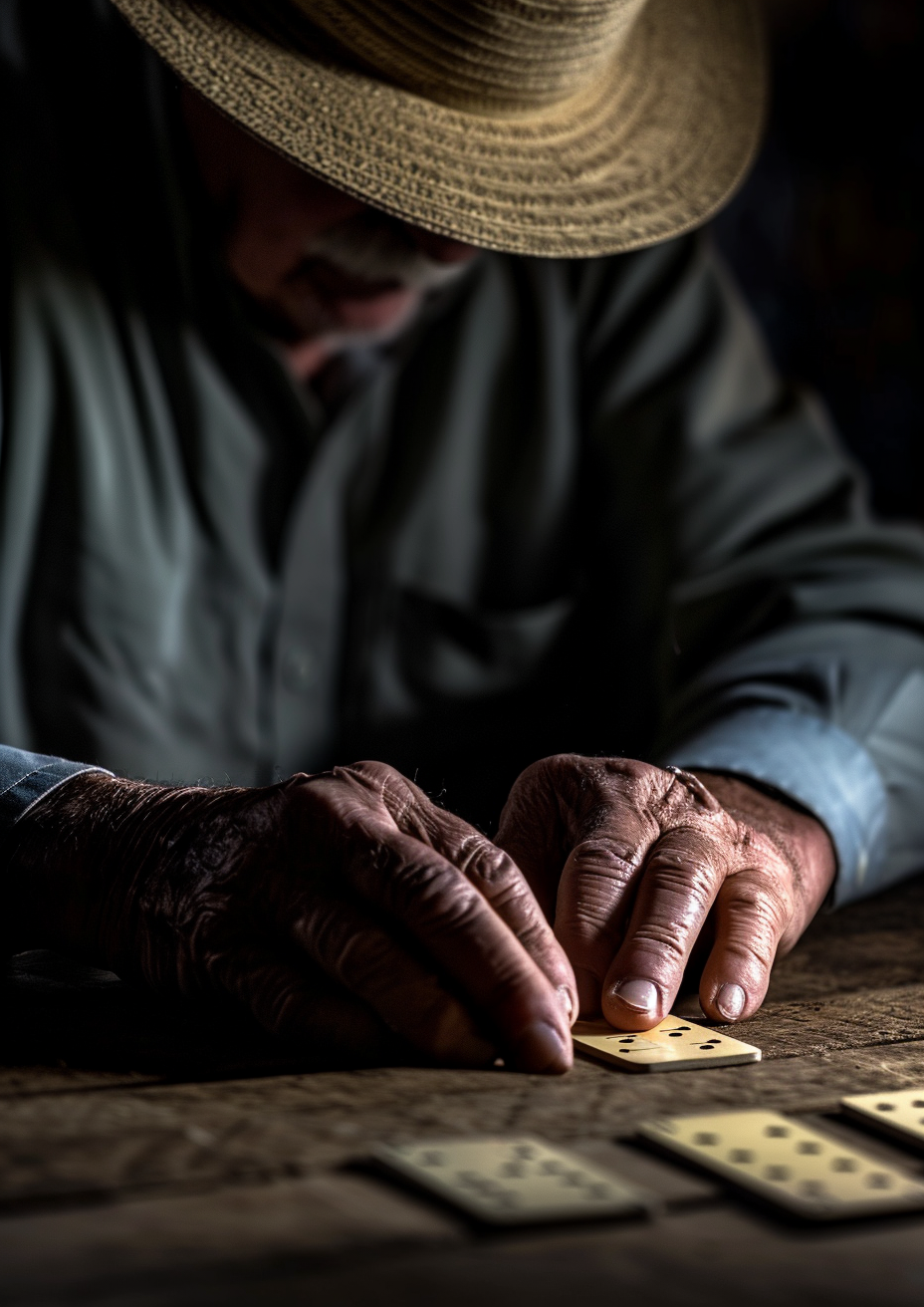 Man playing domino with Panama hat and double 6