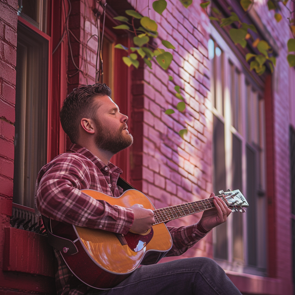 Man playing guitar against brick building