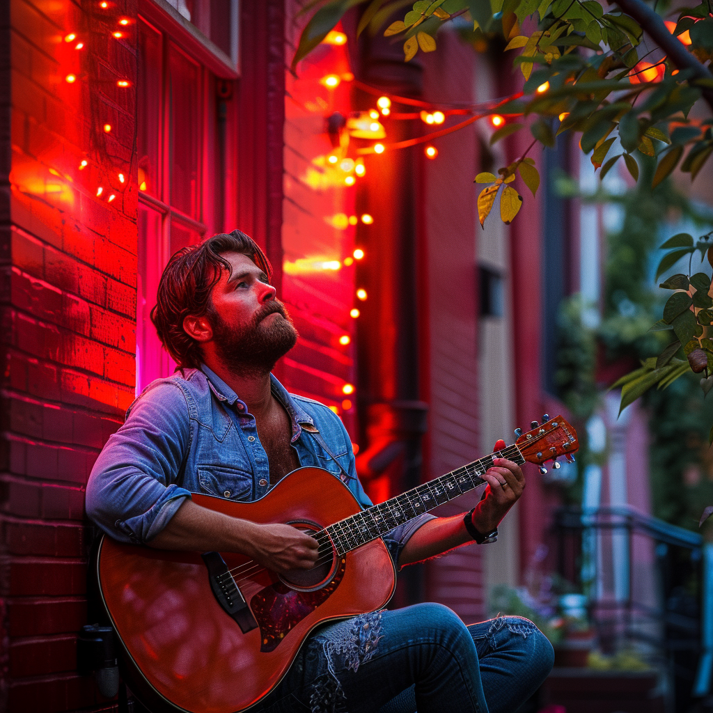 Man playing guitar against red brick building