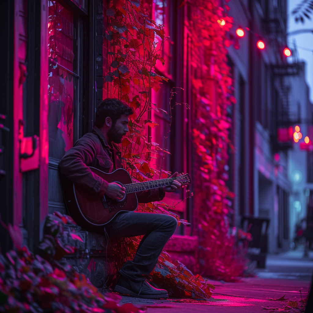 Man playing guitar against red brick building