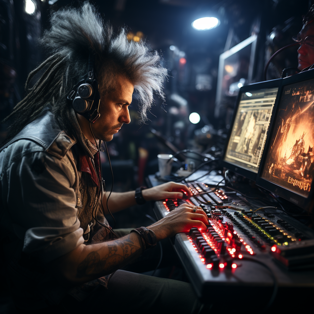 Man playing videogames behind punk band concert