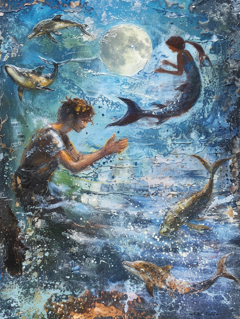 Man playing with mermaids sea