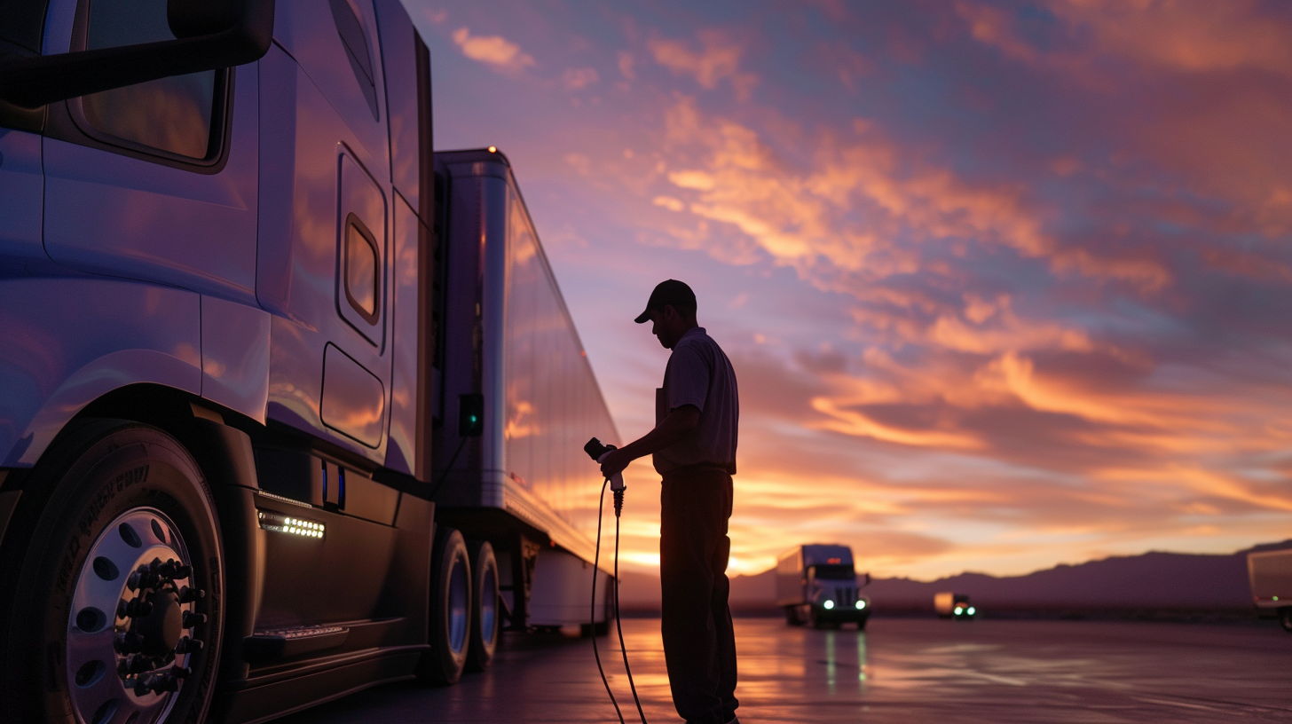 Man plugging EV charger eCascadia sunset desert