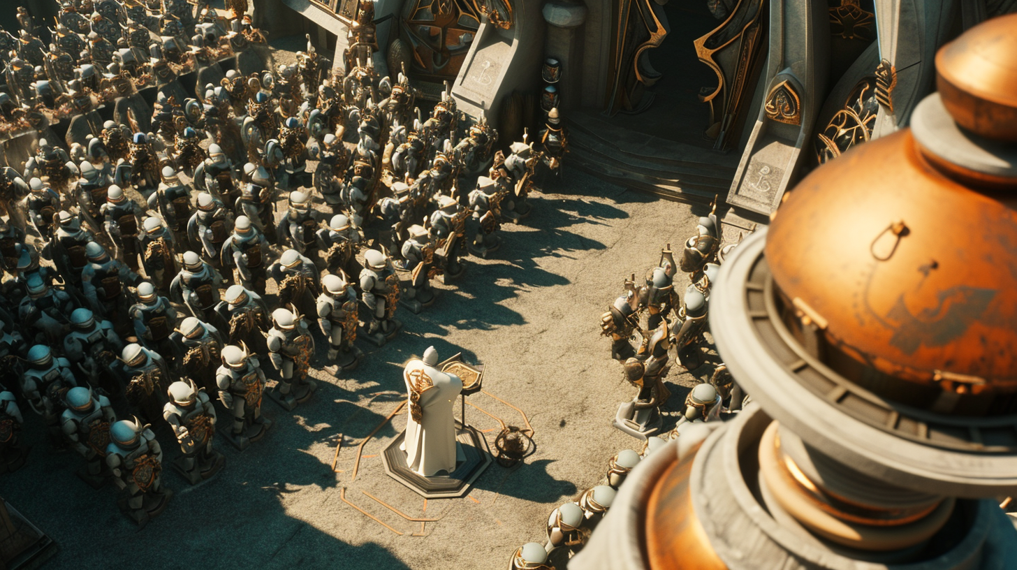 Man giving speech to army of robots