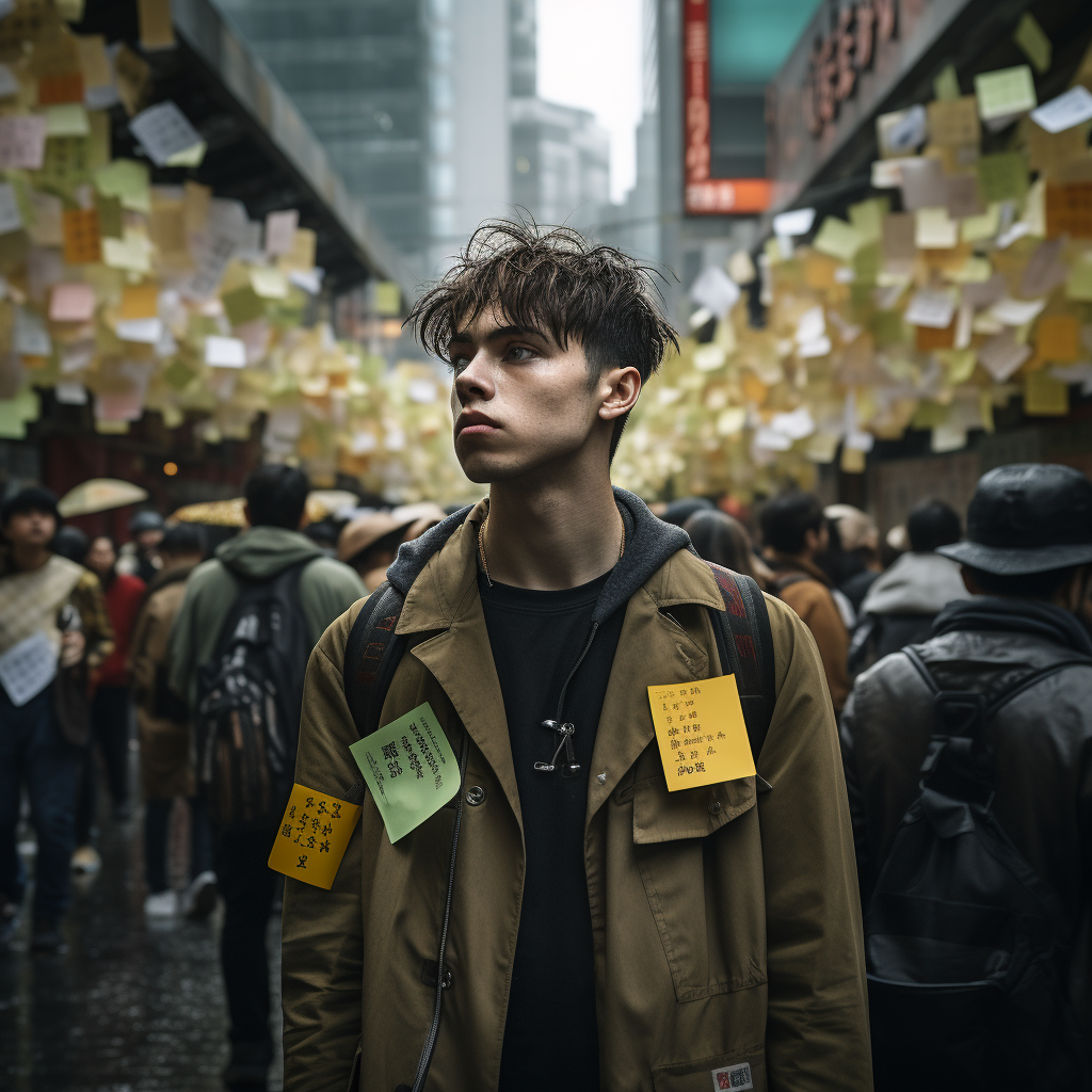 Sad uncertain man covered in post it notes in a crowded street