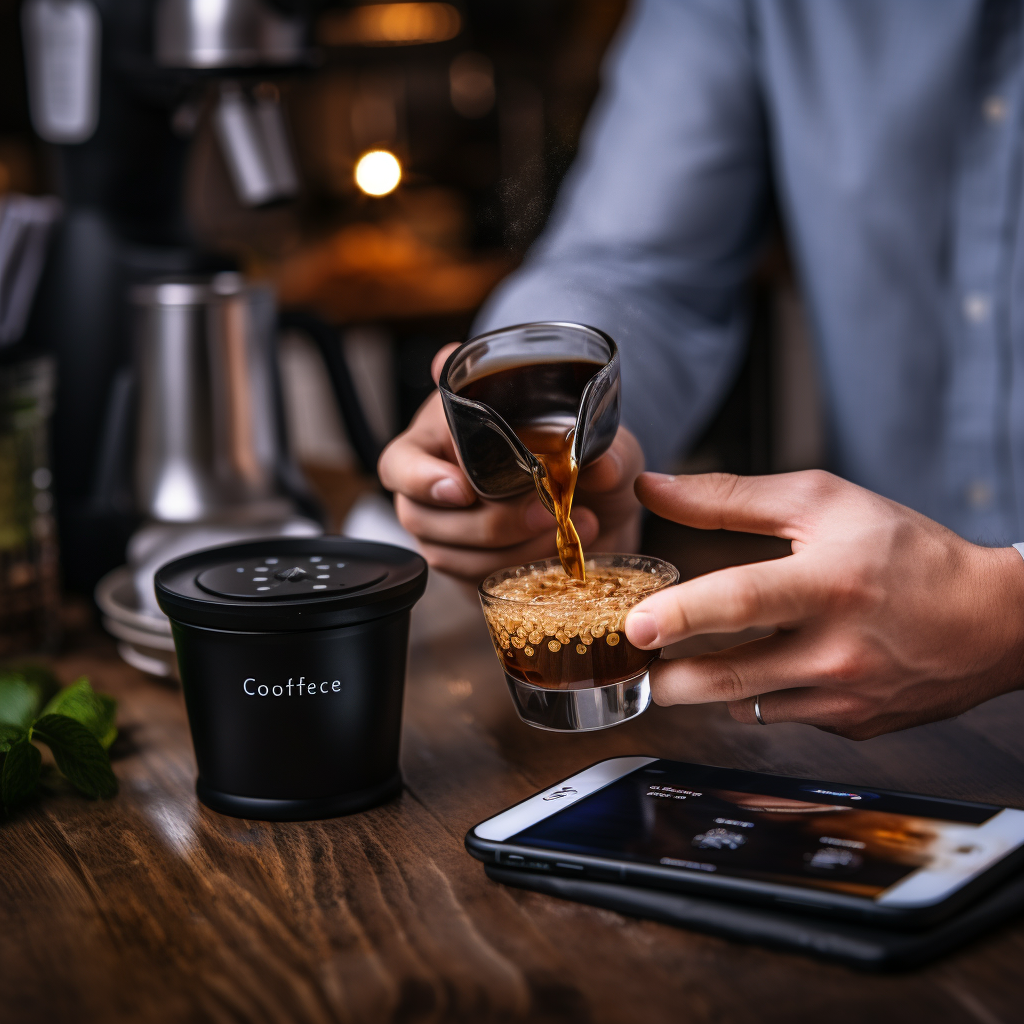 Man pouring espresso from smartphone