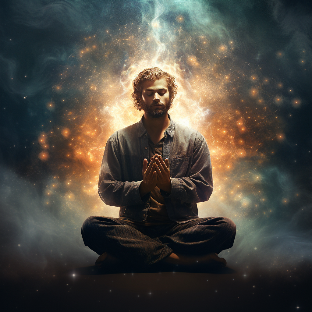 Man deep in prayer connecting with universe