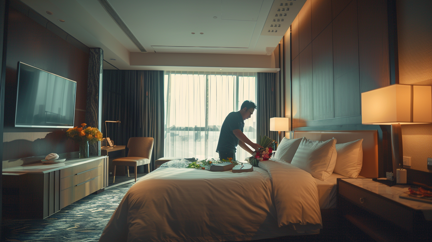 Man making bouquet in hotel room