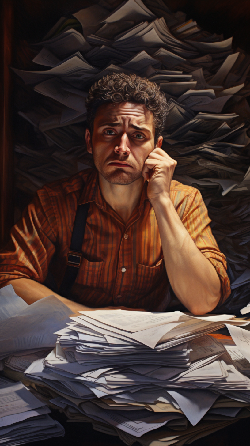 Man overwhelmed by paperwork tasks