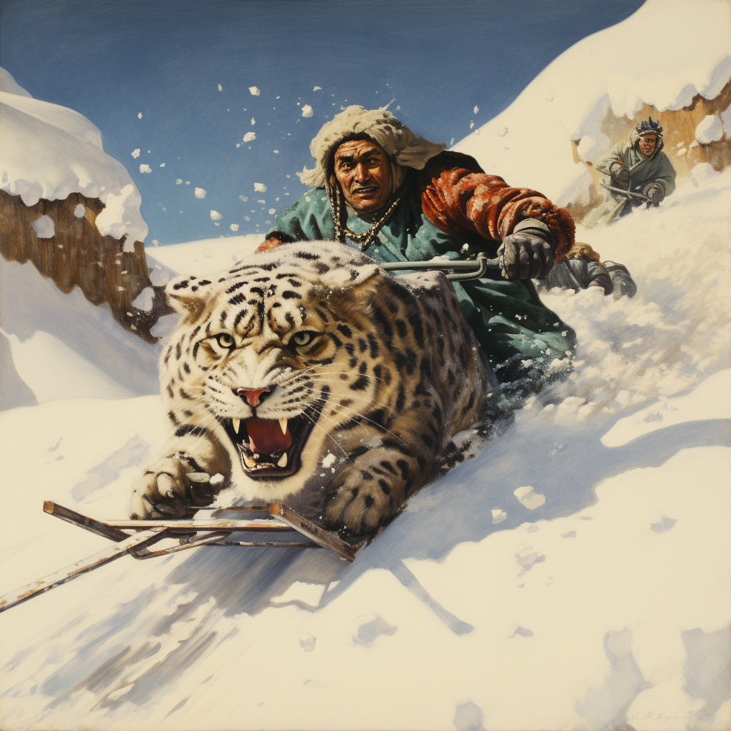 Man pulled on a sleigh by majestic snow leopards