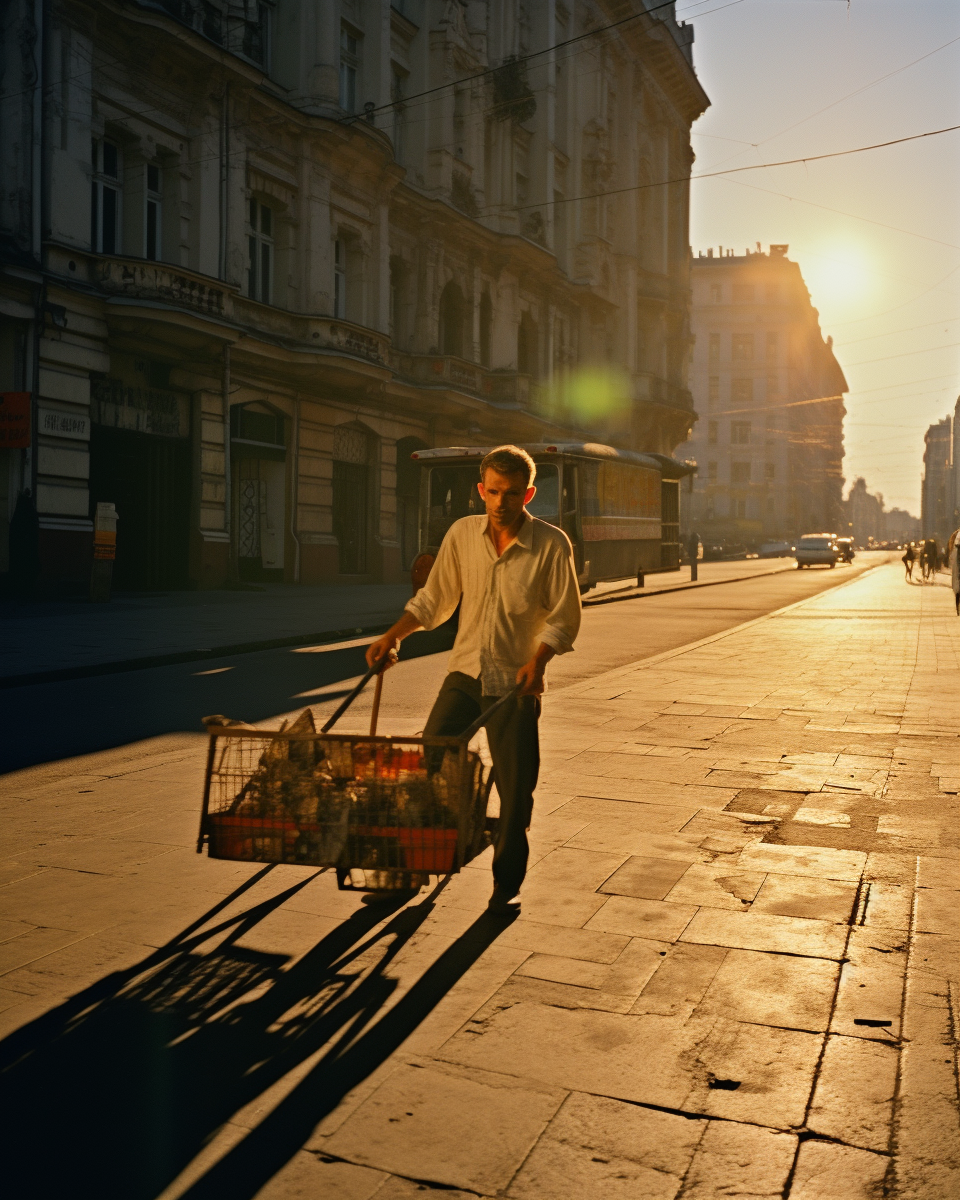 Colorful image of a man pushing a cart in the street