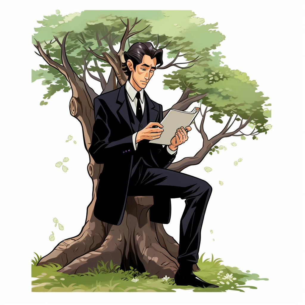 Middle-aged man in black suit reading book under tree