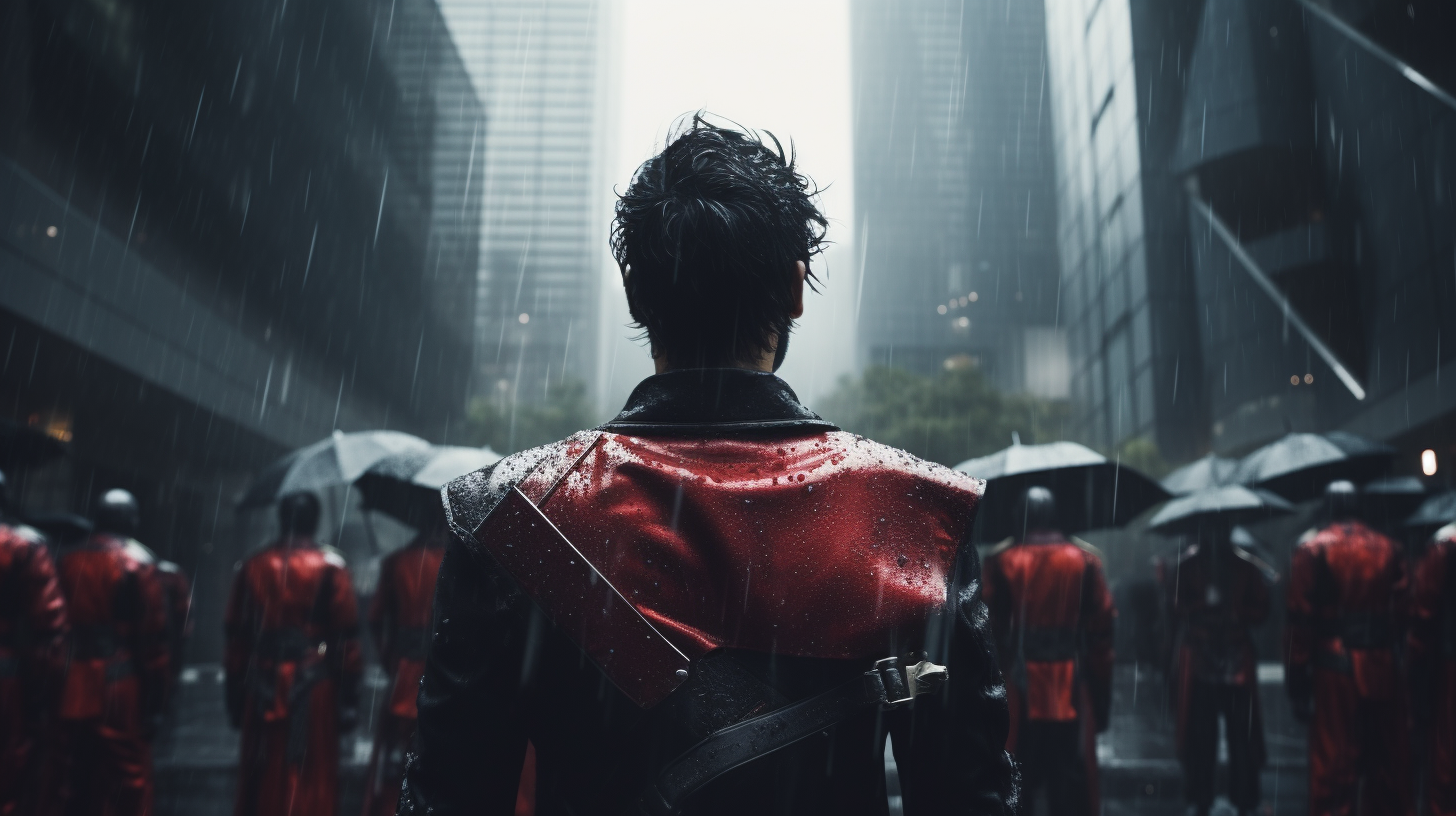 Man in Red Samurai Armor outside Modern Building