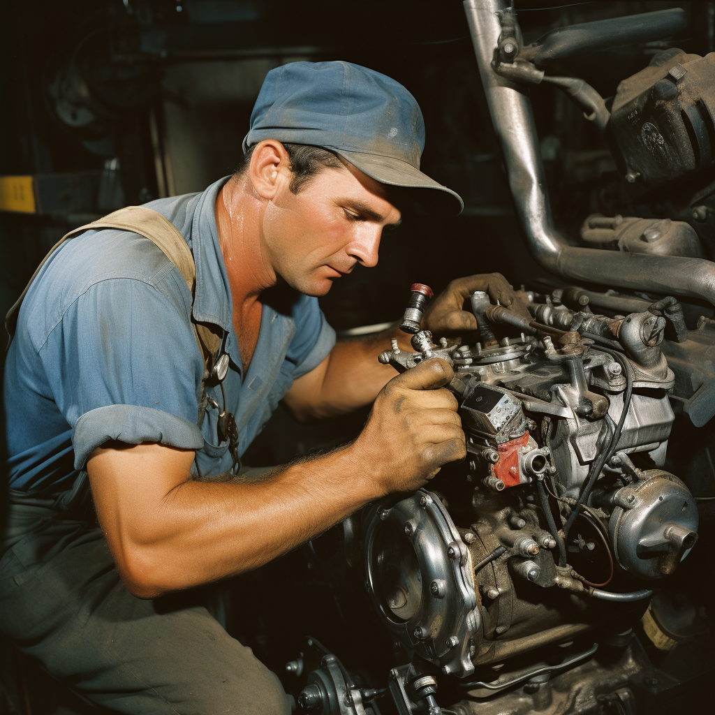 Man with Blue Uniform Repairing Truck Engine