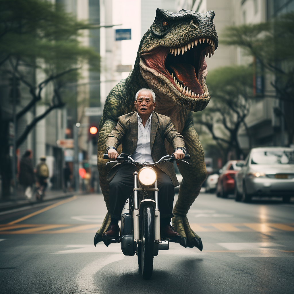 Man riding a T-Rex in Tokyo