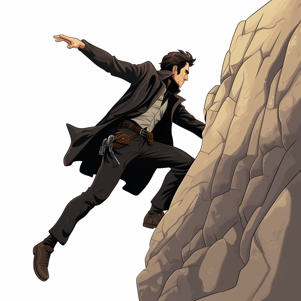 Man rock climbing in black trench coat