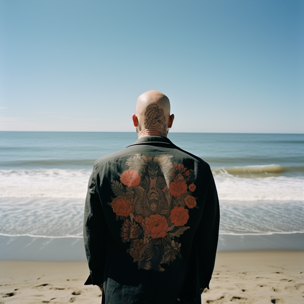 Man with Rose Tattoo looking at sea with kids