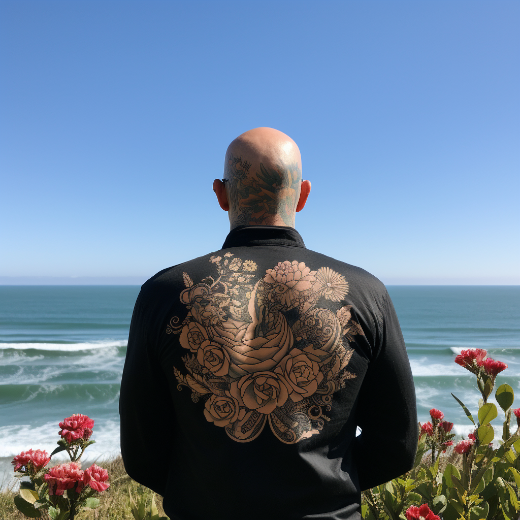 Man with Rose Tattoo looking at Sea