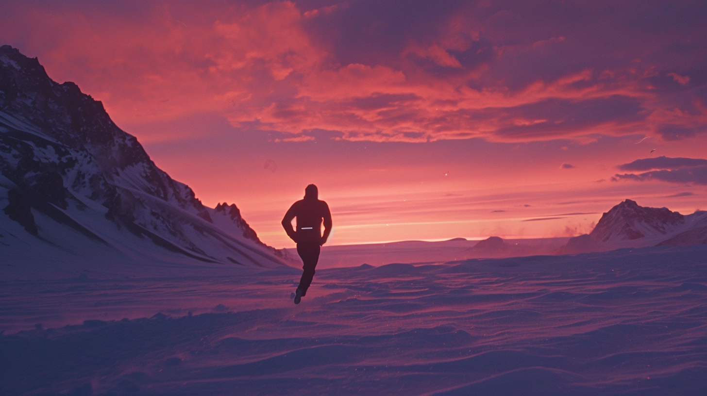 Man running from horizon in Antarctica at dusk