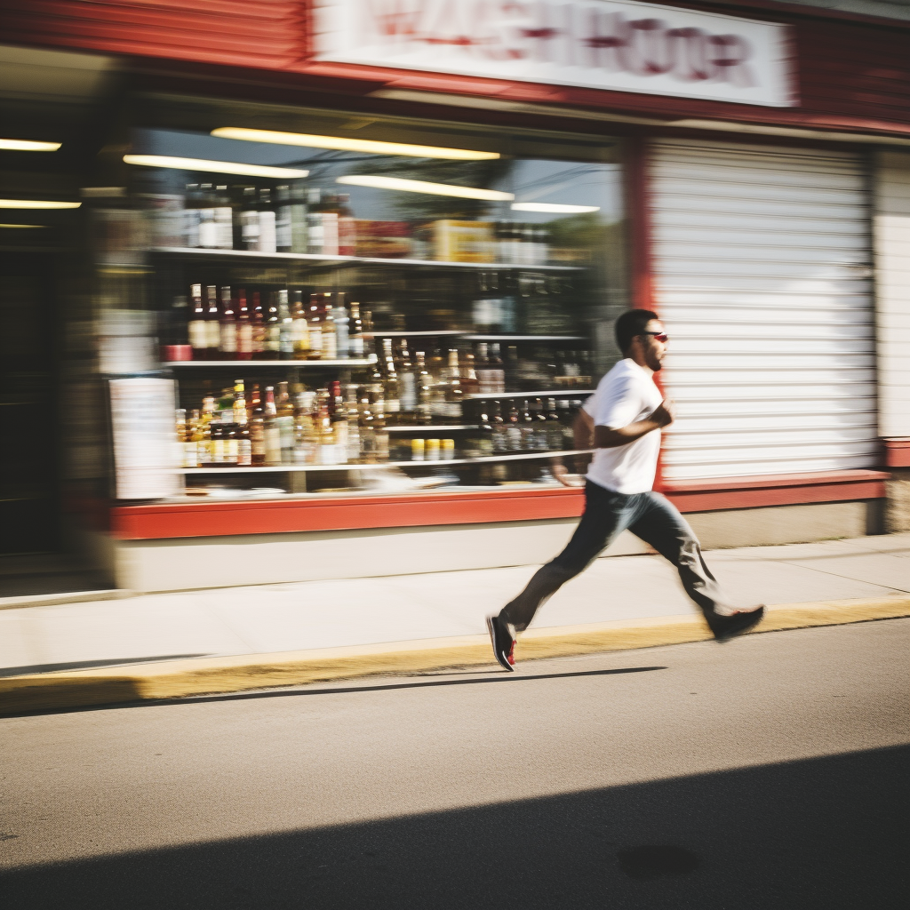 Active man running by liquor store